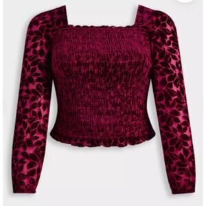 Torrid 5 Women 5x 28W Wine Velvet Floral Smocked Blouson Puff Sleeve Cropped Top